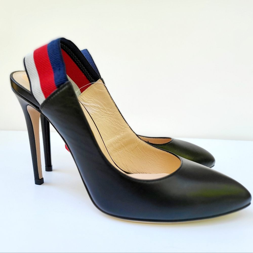 NWOT GUCCI Sylvie 75 Black Leather Red Slingback Strap Sandal Mule Heel Pump37.5 - Picture 7 of 16
